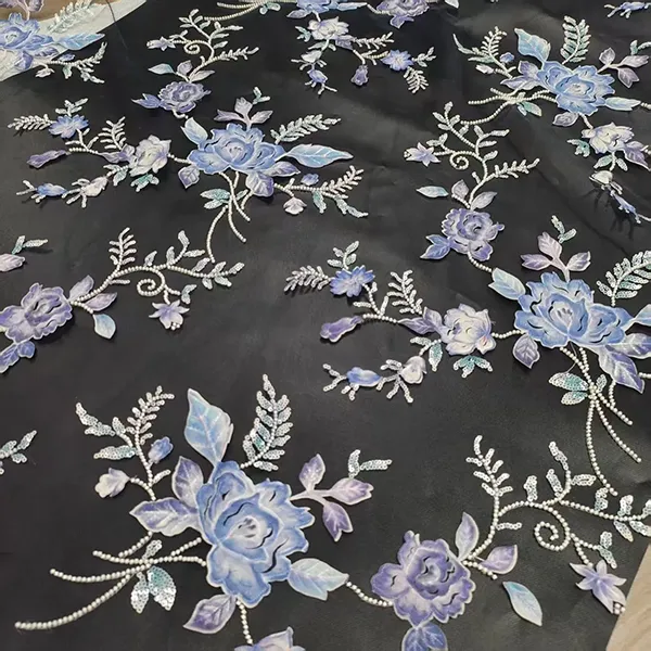3D Embroidery Flower Applique Beads and Sequins Embroidered Lace Fabric