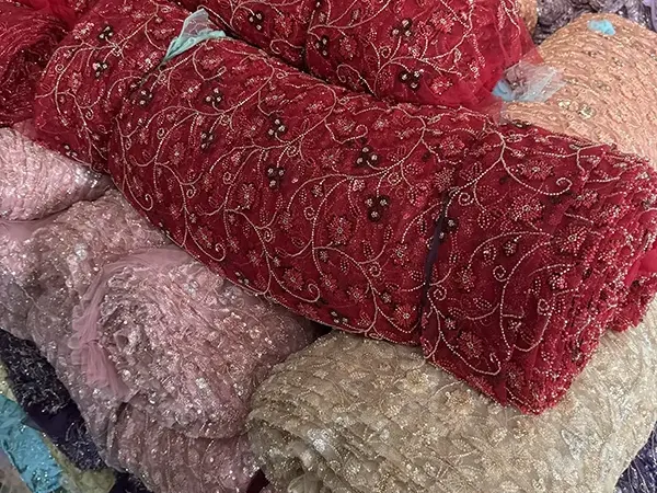 White Beaded Embroidery Lace Fabric Luxury White Bridal Wedding Dress Sequence Beaded Embroidery Lace Fabric