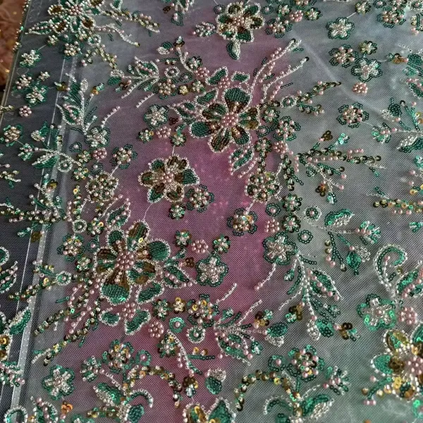 White Beaded Embroidery Lace Fabric Luxury White Bridal Wedding Dress Sequence Beaded Embroidery Lace Fabric