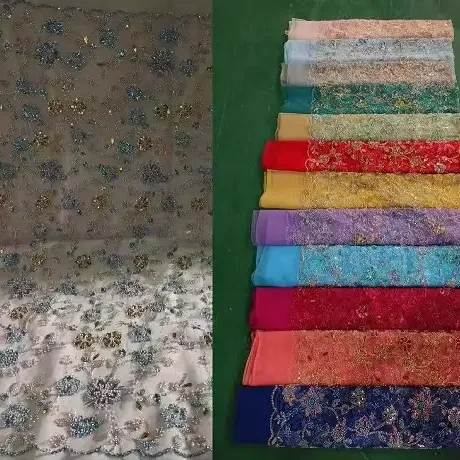 White Beaded Embroidery Lace Fabric Luxury White Bridal Wedding Dress Sequence Beaded Embroidery Lace Fabric