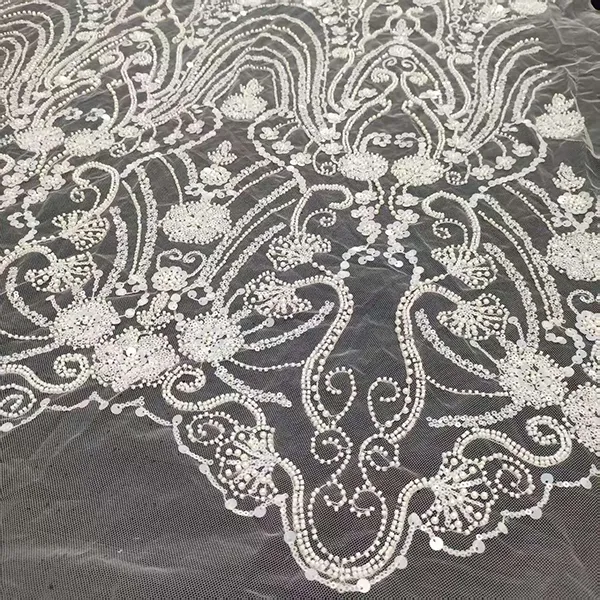 White Beaded Embroidery Lace Fabric Luxury White Bridal Wedding Dress Sequence Beaded Embroidery Lace Fabric