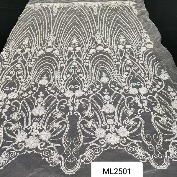 White Beaded Embroidery Lace Fabric Luxury White Bridal Wedding Dress Sequence Beaded Embroidery Lace Fabric