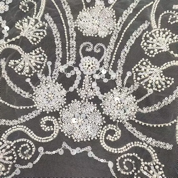 White Beaded Embroidery Lace Fabric Luxury White Bridal Wedding Dress Sequence Beaded Embroidery Lace Fabric