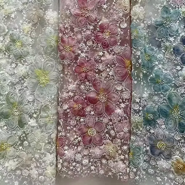 3d Embroidery Flower Applique Beads And Sequins Embroidered Lace Fabric