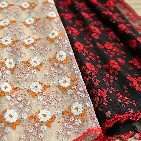 Vintage Multi Color Embroidery Mesh Lace Fabric For Dresses