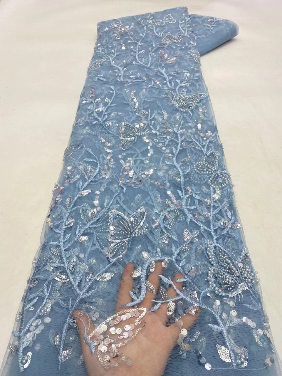 Handmade 2022 Colorful Wedding Lace Fabric 3d butterfly Beaded Embroidered by Yards