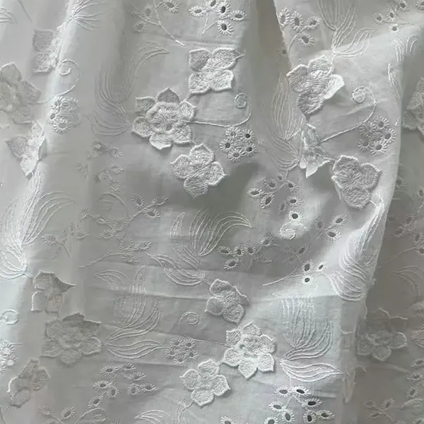 3D flower decorated 100% cotton embroidery lace fabric with eyelet holes