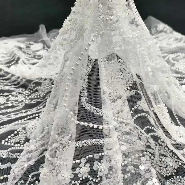 White Beaded Embroidery Lace Fabric Luxury White Bridal Wedding Dress Sequence Beaded Embroidery Lace Fabric