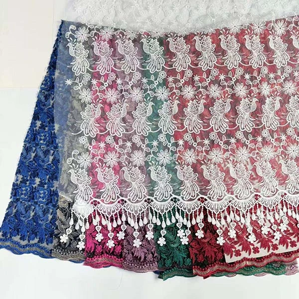 Wholesale Beautiful 3D Flower Beaded Cheap Textile Embroidery Fabric Swiss Voile Lace Trim 2021